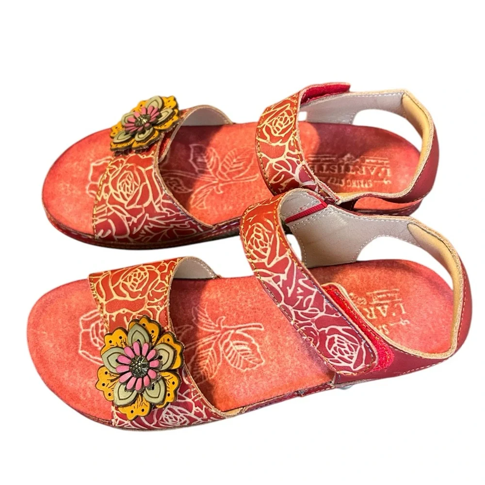 LARTISTE by Spring Step Leather Wedge Sandals Red Women 6.5 - 7 EU 37